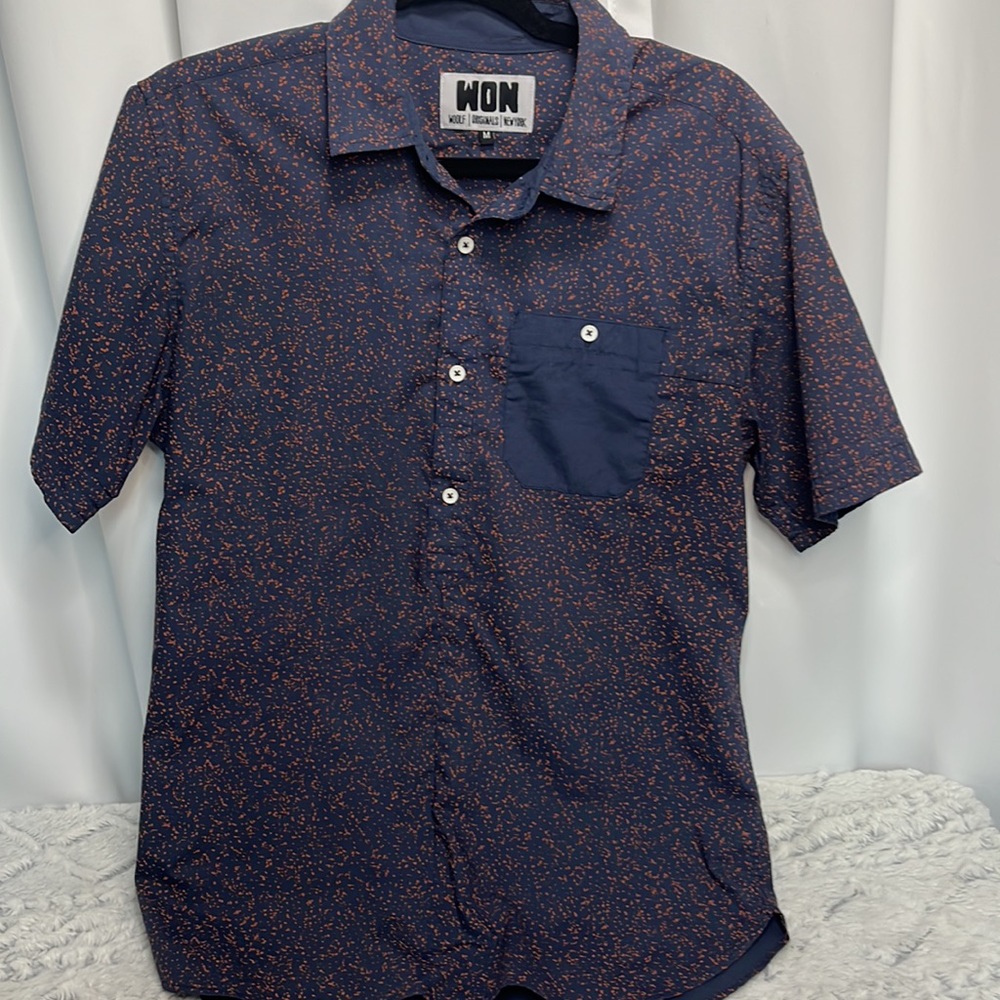 Won Woolf Originals New York Mens Button Up Tunic Shirt Blue/Red Size Medium